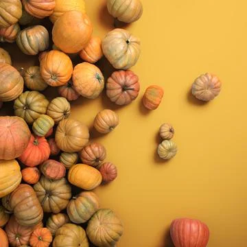 Autumn composition of orange pumpkins on white table background. 스톡 일러스트
