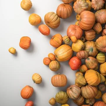 Autumn composition of orange pumpkins on white table background. Stock Illustration