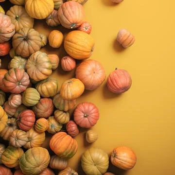 Autumn composition of orange pumpkins on white table background. Stock Illustration