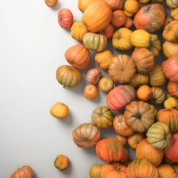 Autumn composition of orange pumpkins on white table background. 스톡 일러스트