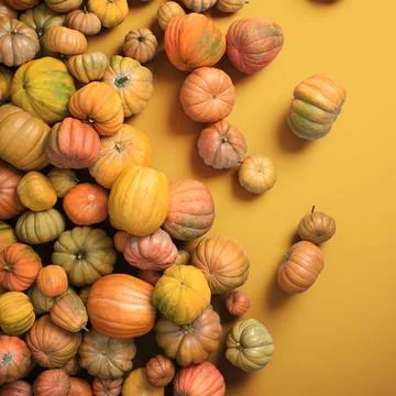 Autumn composition of orange pumpkins on white table background. Stock Illustration