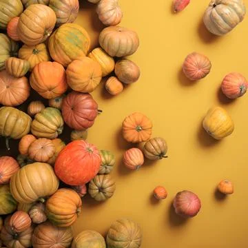 Autumn composition of orange pumpkins on white table background. Stock Illustration