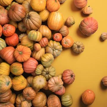 Autumn composition of orange pumpkins on white table background. Stock Illustration