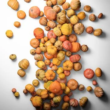 Autumn composition of orange pumpkins on white table background. Stock Illustration