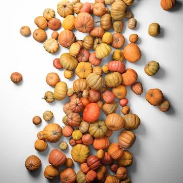 Autumn composition of orange pumpkins on white table background. Stock Illustration