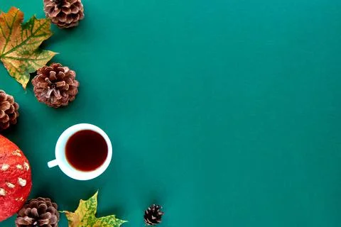 Autumn composition. Pattern made of october dried leaves, pine cones and tea  Stock Photos