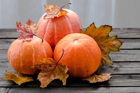 Autumn composition of pumpkins and maple leaves on a wooden table Foto stock