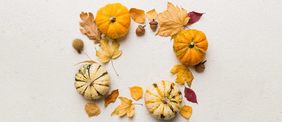 Autumn composition Pumpkins with fall leaves over coloredbackground. Top view Fotos Stock