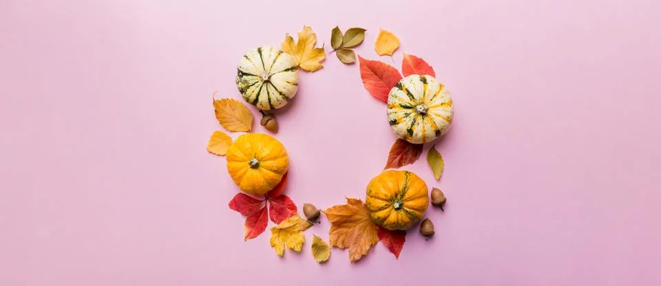 Autumn composition Pumpkins with fall leaves over coloredbackground. Top view Fotos Stock