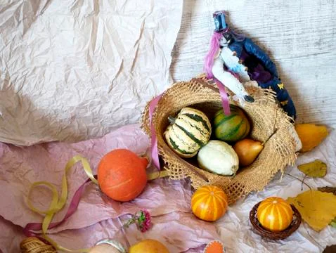 Autumn composition of pumpkins, pears, decor, leaves Stock Photos