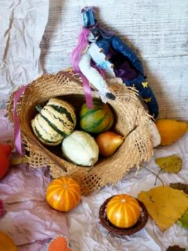 Autumn composition of pumpkins, pears, decor, leaves Stock Photos