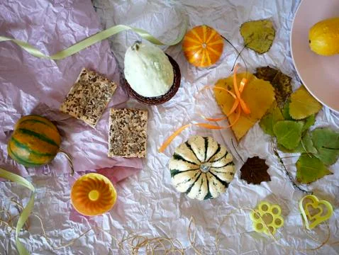 Autumn composition of pumpkins, pears, decor, leaves Stock Photos