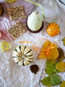 Autumn composition of pumpkins, pears, decor, leaves Stock Photos