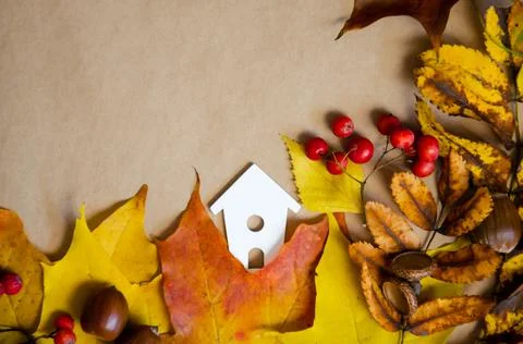 Autumn composition. Selective focus white decorative house with autumn leaves. Foto stock