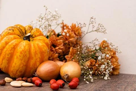 Autumn composition. On the table are pumpkins, onions, nuts, rose hips. Cooking Stock Photos