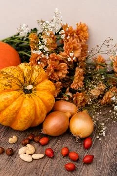 Autumn composition. On the table are pumpkins, onions, nuts, rose hips. Cooking Stock Photos