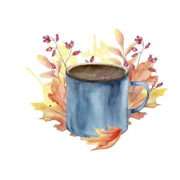 Autumn composition with tea blue cup and colorful fall leaves. Autumn mood, C Stock Illustration