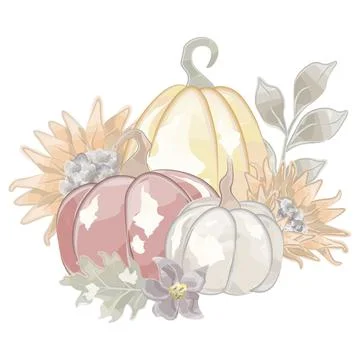 Autumn composition with three pumpkins and sunflowers vector watercolor Stock Illustration