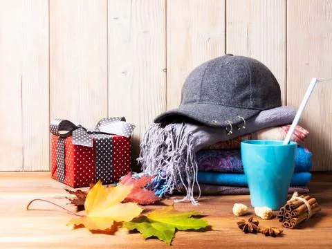 Autumn composition. Warm clothes. Cup of tea Stock Photos