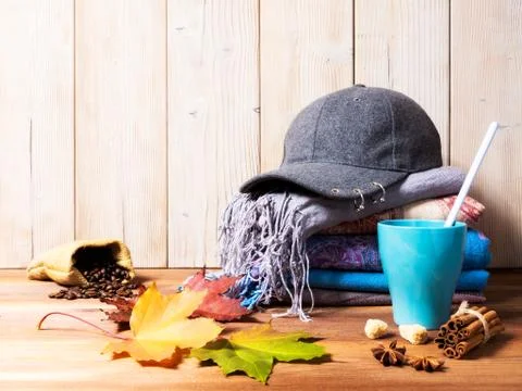 Autumn composition. Warm clothes. Cup of tea Stock Photos