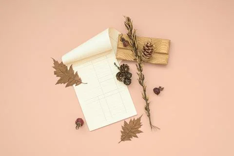 Autumn composition of white notepad with blank sheets Stock Photos
