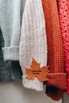 Autumn concept. Fall maple leaf with text AUTUMN MOOD on cozy warm sweater. K Stock Photos