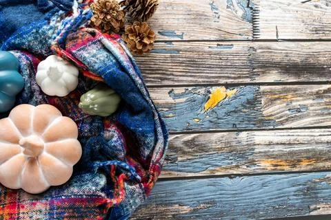 Autumn concept flatlay, top down view, with blue plaid scarf, pumpkins and .. Stock Photos