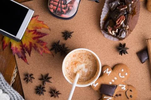 Autumn cozy composition  at wooden table. life style concept. flat lay Stock Photos