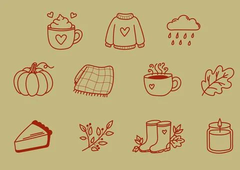 Autumn Cozy Doodle Set Hand Drawn Fall Illustrations 스톡 일러스트
