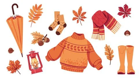 Autumn Cozy Elements Set Flat Vector. Sweater, Scarf, Rubber Boots, Umbrella Stock Illustration
