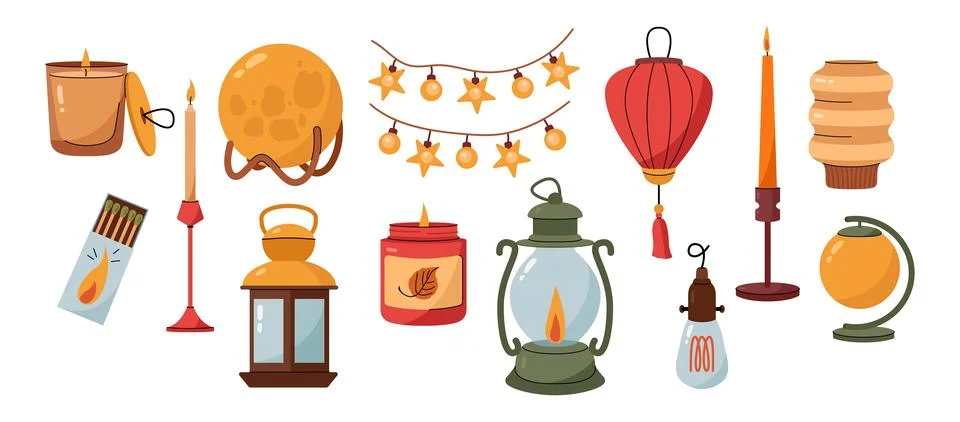 Autumn cozy lighting element set with candles lanterns and string lights ve.. Stock Illustration