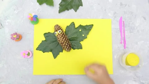 Autumn crafts. Child making fun butterfly from natural cone Stock Footage 166487490