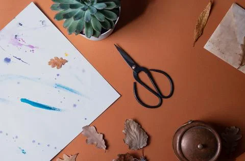 Autumn creative background with scissors Stock Photos