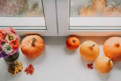 Autumn creative layout with pumpkins and fall flowers bouquet on windosill Stock Photos