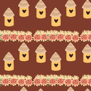 Autumn dark red pattern with bird house and sunflowers Stock Illustration