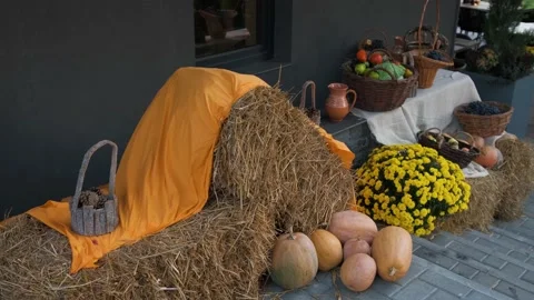 Autumn decor with straw bale, pumpkins, flowers and basket with vegetables. Stock Footage 141578282
