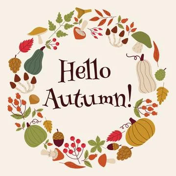 Autumn decorative round frame, template with autumn elements - leaves, pump.. Illustrazione stock