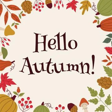 Autumn decorative round frame, template with autumn elements - leaves, pump.. Stock Illustration