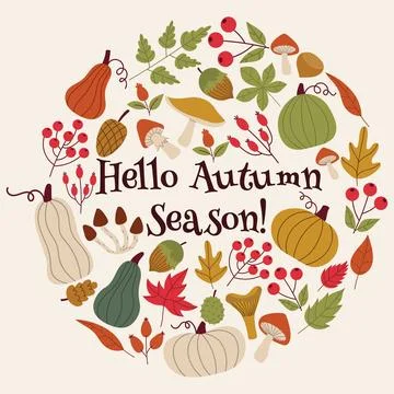 Autumn decorative round frame, template with autumn elements - leaves, pump.. Stock Illustration
