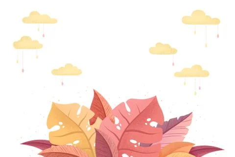 Autumn design template with hand drawn textured leaves, clouds, empty space i Stock Illustration
