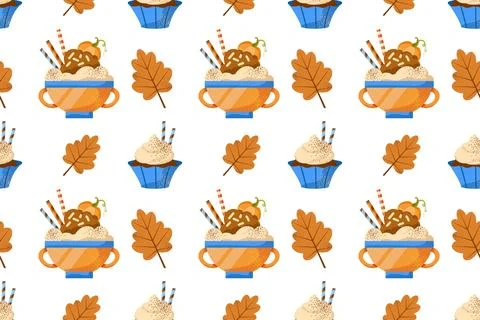 Autumn desserts flat seamless pattern. Pumpkin spice latte and cupcakes vecto Stock Illustration
