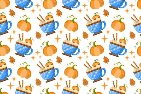 Autumn desserts flat seamless pattern. Pumpkin spice latte and cupcakes vecto Stock Illustration