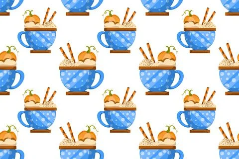 Autumn desserts flat seamless pattern. Pumpkin spice latte and cupcakes vecto Stock Illustration