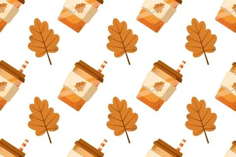 Autumn desserts flat seamless pattern. Pumpkin spice latte and cupcakes vecto Stock Illustration