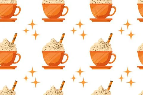 Autumn desserts flat seamless pattern. Pumpkin spice latte and cupcakes vecto Stock Illustration