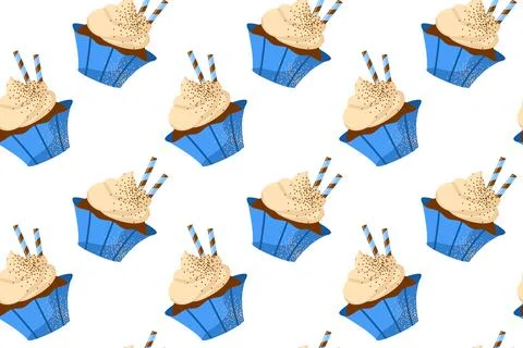 Autumn desserts flat seamless pattern. Pumpkin spice latte and cupcakes vecto Stock Illustration