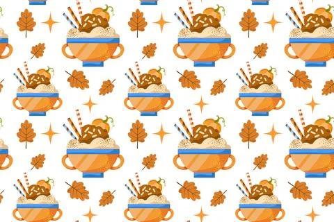 Autumn desserts flat seamless pattern. Pumpkin spice latte and cupcakes vecto Stock Illustration