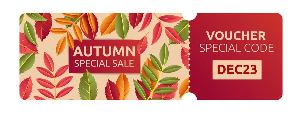 Autumn discount card, special code for sale, coupon design. Thanksgiving fall Stock Illustration