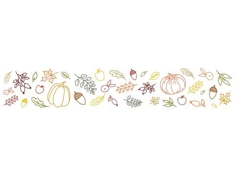 Autumn Doodle Horizontal Border Vector: Pumpkins, Leaves, Acorns, Berries Line Stock Illustration