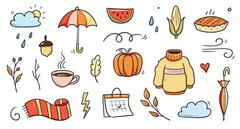 Autumn doodle vector set. Hand drawn doodle sketch style nature fall season Stock Illustration